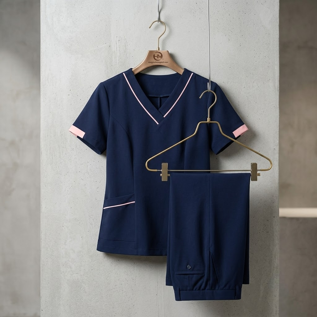 Đồng phục spa màu xanh navy viền hồng