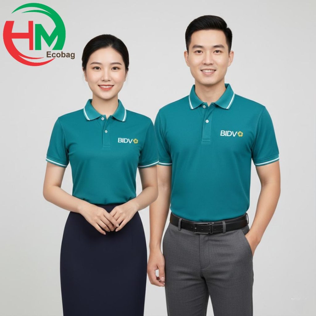 Mẫu đồng phục ngân hàng BIDV với màu xanh nổi bật sản xuất tại xưởng Đồng Phục Hoàng Minh