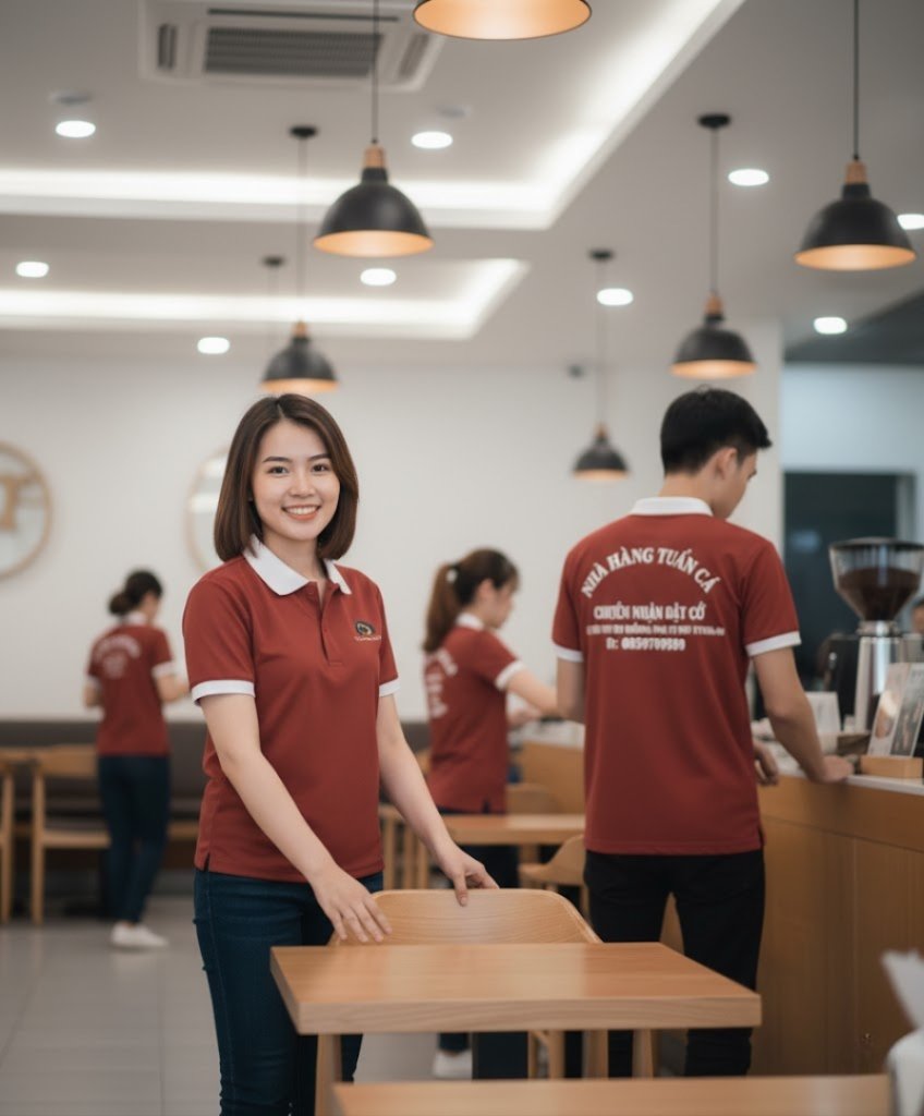 Đồng phục Nhà Hàng Tuấn Cá 4 áo đồng phục nhà hàng tuấn cá có form áo chuẩn giúp mặc thoải mái, tự tin