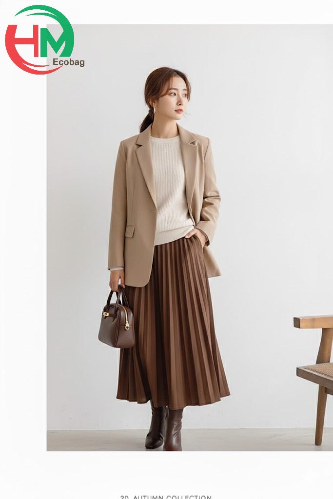 Phối đồ công sở mùa đông nữ với áo blazer kết hợp áo len mỏng cùng chân váy 
