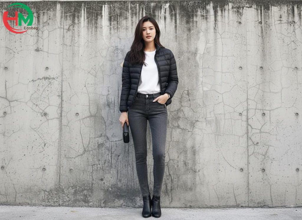 Phối đồ kết hợp giữa Áo Khoác Phao Mỏng và Áo Thun Dài Tay cùng Quần Skinny