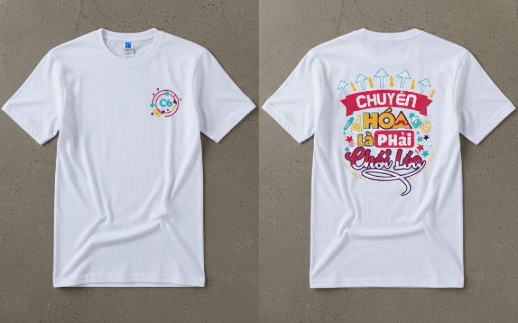 Áo đồng phục lớp c6 với slogan " Chuyên Hóa Là Phải Chói Lóa"