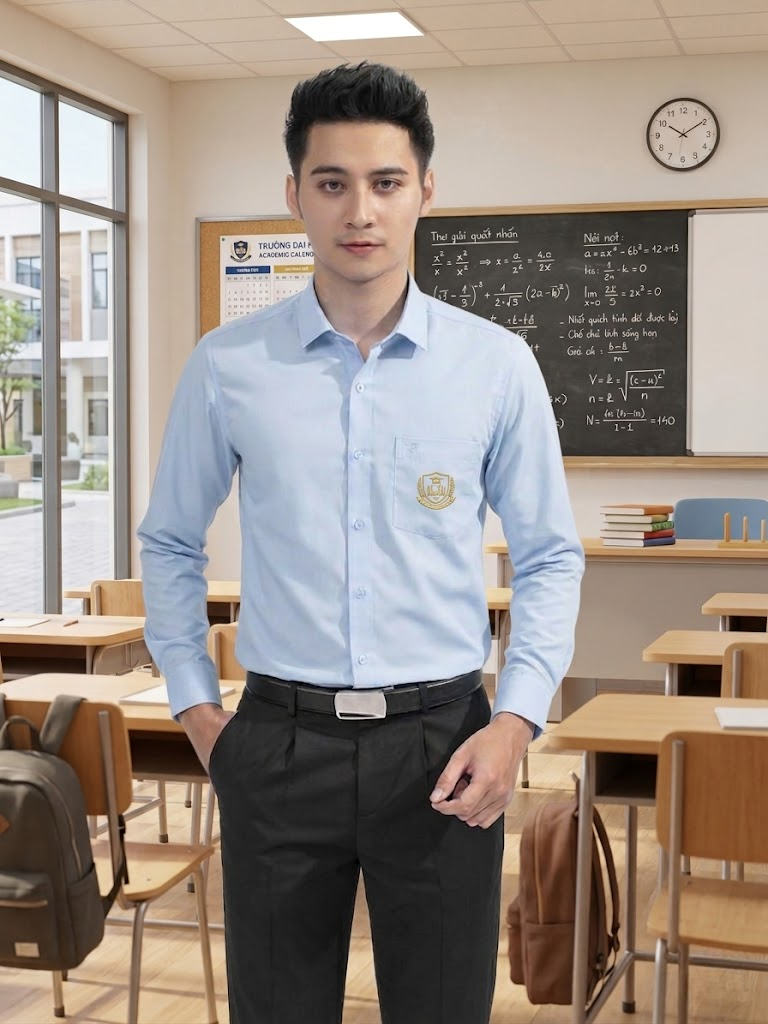 đồng phục giáo viên nam với áo mơ mi kết hợp quần âu