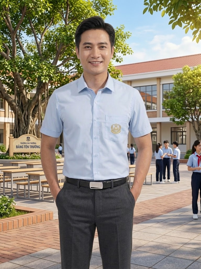 Mẫu đồng phục giáo viên nam với áo sơ mi ngắn tay kèm quần âu