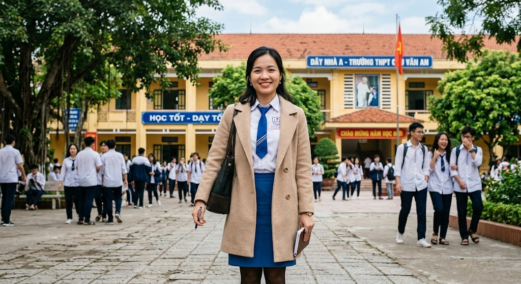 Phối đồ đồng phục giáo viên với áo khoác ngoài